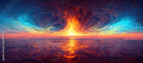 At the edge of the world before the last sunset a gigantic fiery portal rift to another ethereal world starts to open over the ocean in the clouds. 