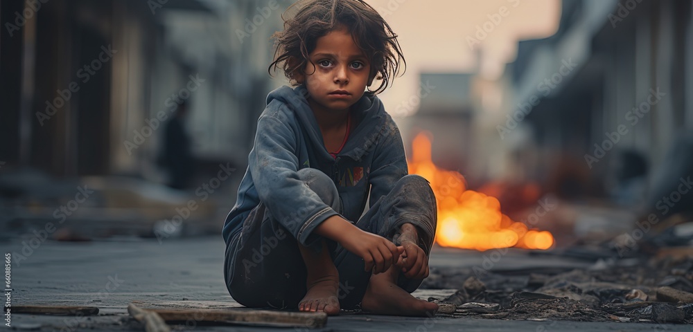 sad young boy sitting on the street alone, children rights concept, Generative Ai - obrazy, fototapety, plakaty 