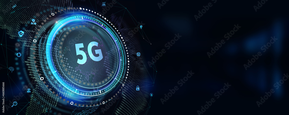 The concept of 5G network, high-speed mobile Internet, new generation networks. Business, modern technology, internet and networking concept. 3d illustration - obrazy, fototapety, plakaty 