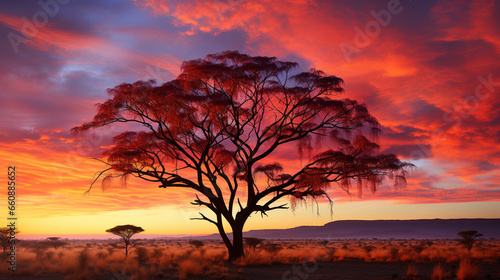 An Acacia dealbata tree silhouetted against a colorful sunset, showcasing its elegant form and foliage