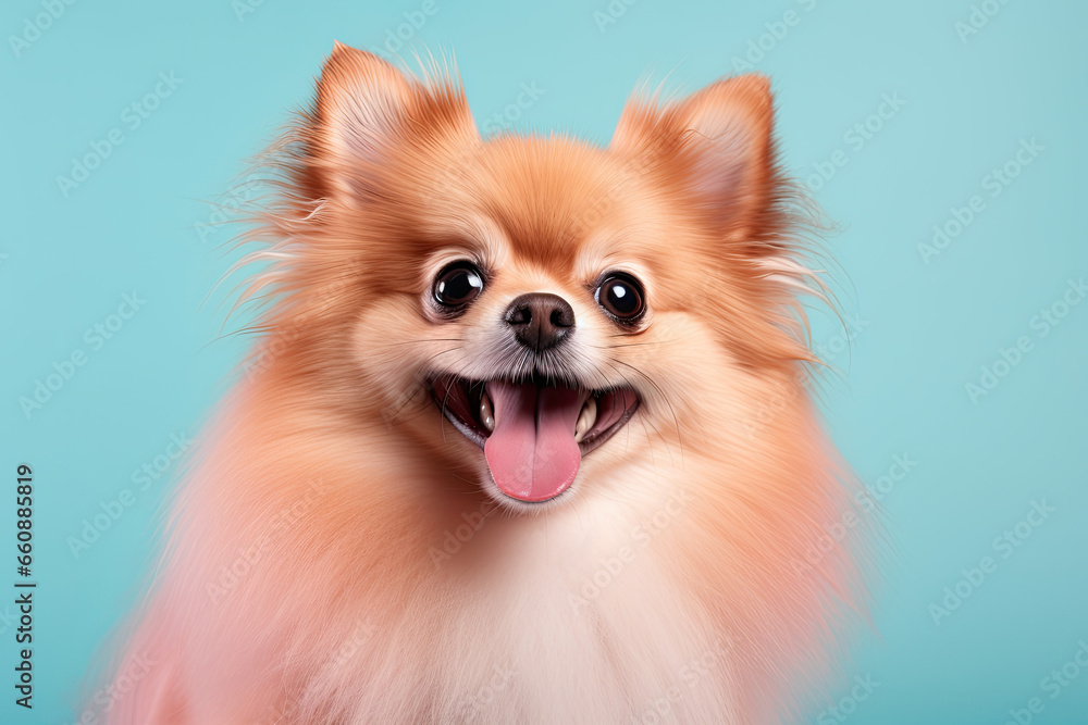 Pomeranian  puppy on a pink background 