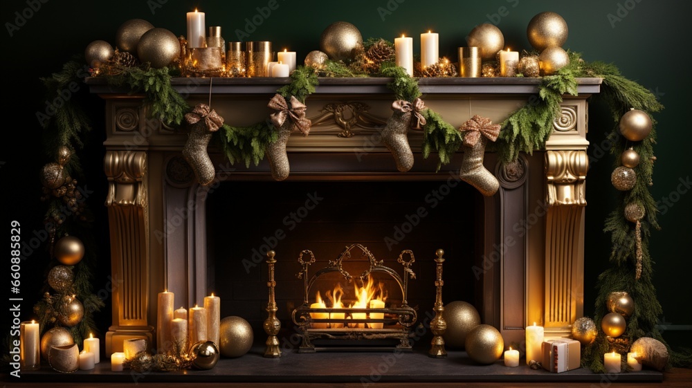 A beautifully decorated Christmas mantelpiece with stockings and garlands.