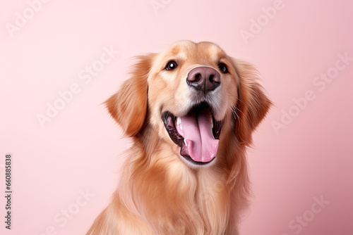 golden retriever puppy on a pink background  © reddish