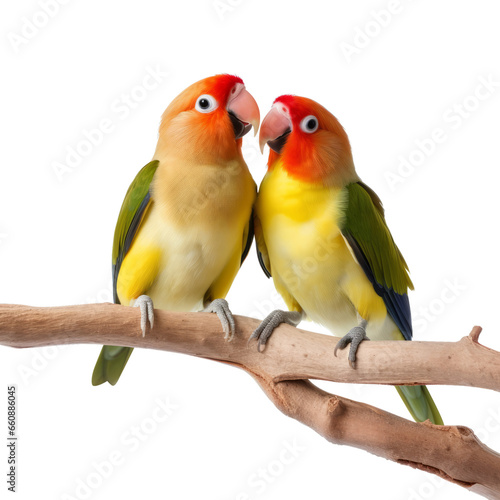 cute Fischer's lovebird couple on branch photo
