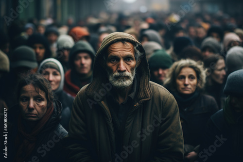 Crowd of senior homeless unemployed poor people outdoors. Social problem