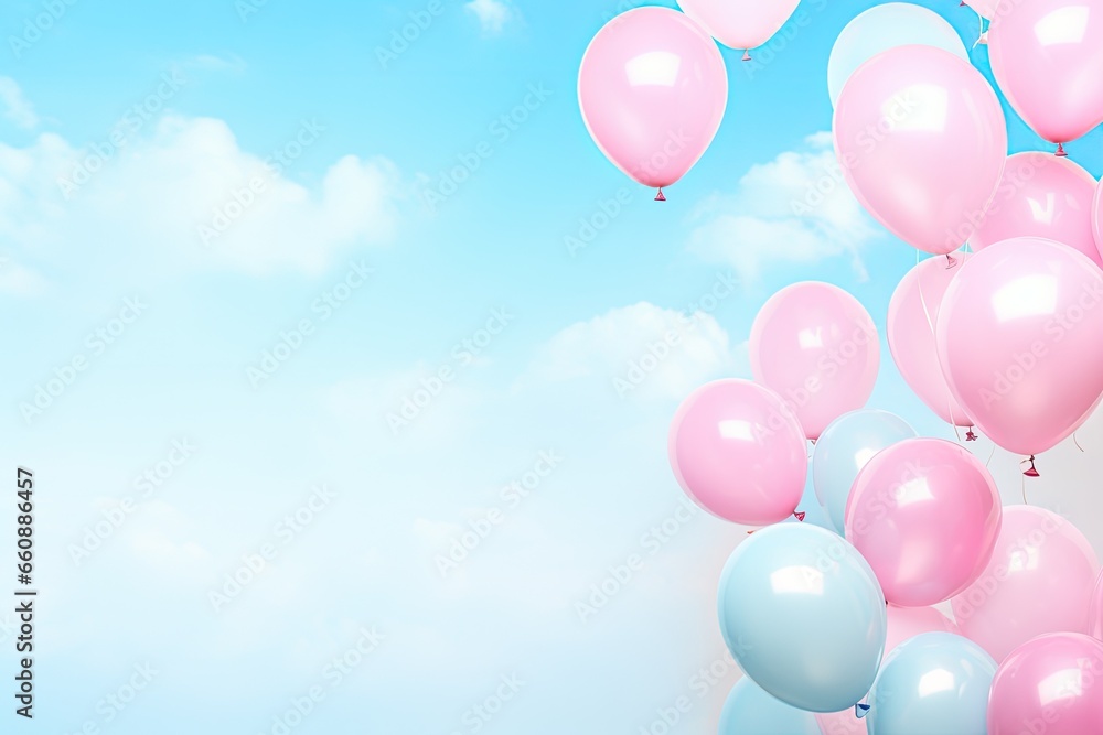 Colorful balloons floating in pastel blue background, perfect for birthday greetings or wedding invitations.