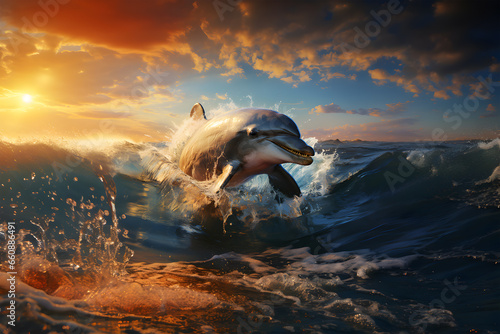beautiful dolphin leaping jumping from shining sunset sea water surface © Nadezda Ledyaeva