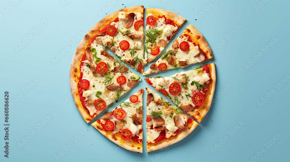  sliced pizza on a pastel blue  background