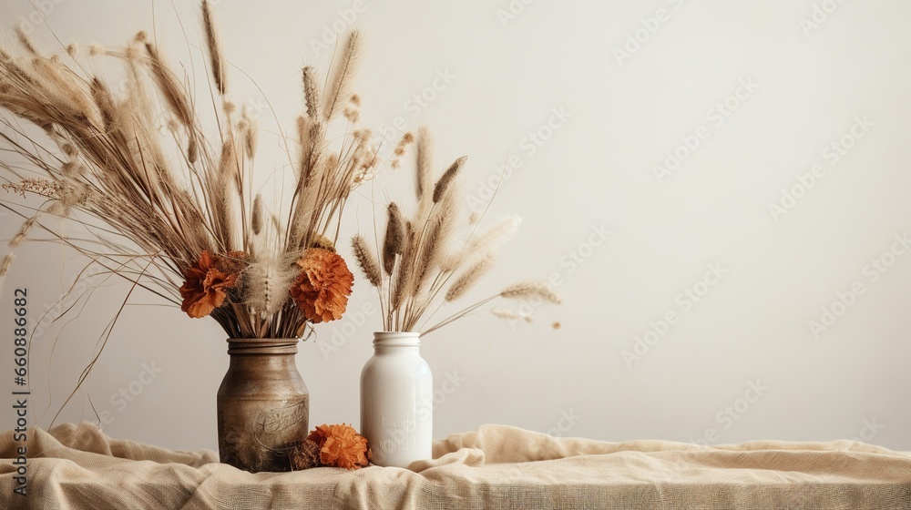 Generative AI, Autumn rustic decoration for home and celebration concept, pumpkins and plants, autumn background	
