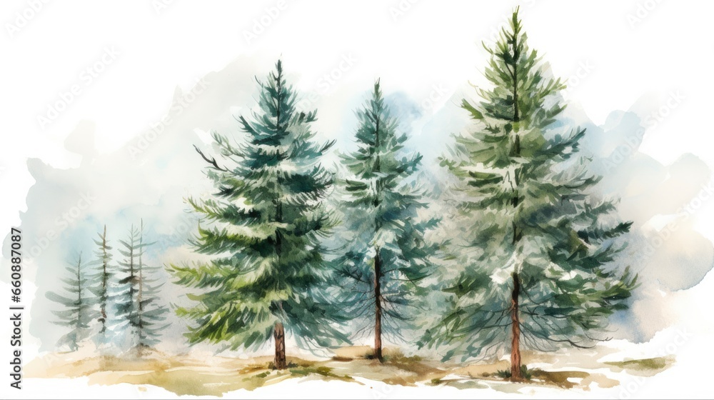Abstract Pine Tree Drawing. Hand-drawn Watercolor Illustration of Coniferous Forest. Mysterious Winter Nature, Christmas Design.