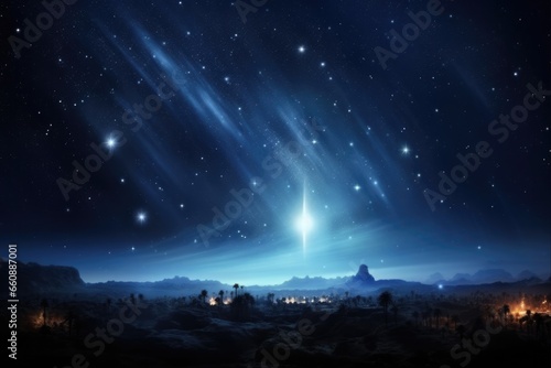 Bright Christmas  The Bethlehem Star Illuminates the Beautiful Birth of Jesus Christ in a Blue and Black Background
