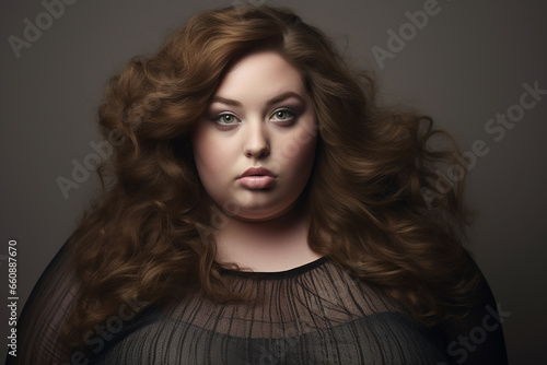 Studio portrait of beautiful fat overweighted woman on different colour background