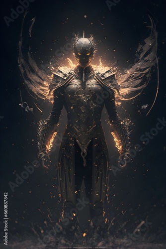 Archangel Deamon sitting on a heavenly golden throne showing off his power full body shot dynamic epressive poses action shot realistic tremendous Heaven Hell madness War background Control smoke 