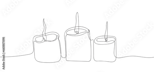 Candles outline continuous drawing. Hand-drawn three candles horizontal bar. Doodle,sketch,minimalism. Isolated on white background.