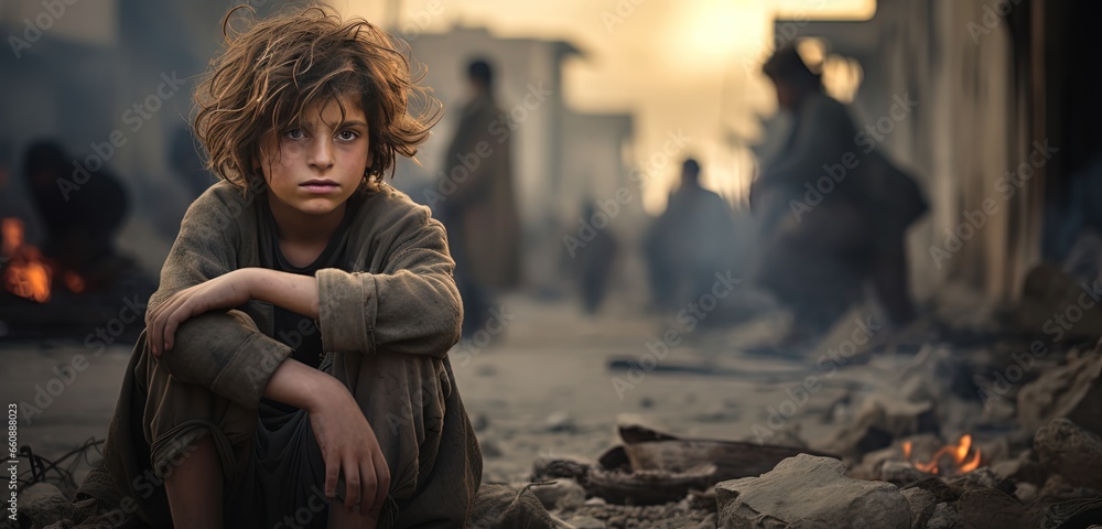 a sad boy in front of collapse buildings area, natural disaster or war victim, sorrow scenery idea for support children's right , especially Palestinian , Generative Ai a sad boy in front of collapse buildings area, natural disaster or war victim, sorrow scenery idea for support children's right , especially Palestinian , Generative Ai