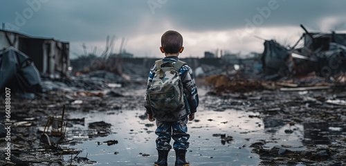 a young boy wearing army camouflage outfit with destroyed hometown as background, young generation, children rights, Generative Ai