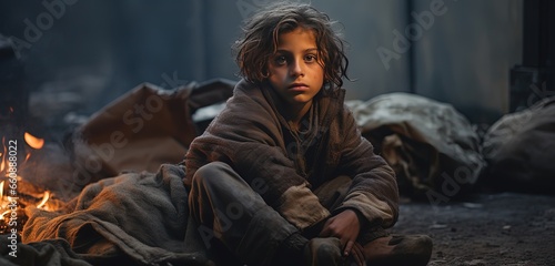 a boy sitting in shelter during war for safety with dirty outfit and blanket, children rights, Generative Ai