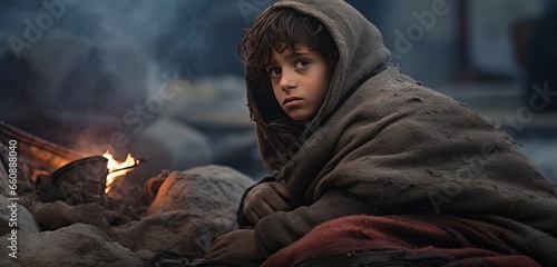 a boy sitting in shelter during war for safety with dirty outfit and blanket, children rights, Generative Ai photo