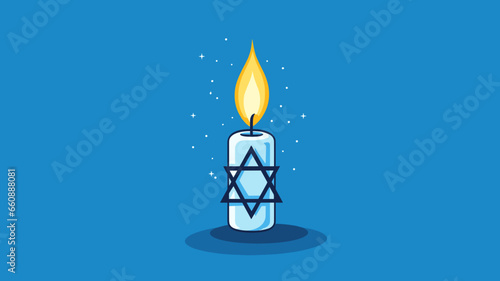 Vector illustration, stockphoto, White candle with the david star, symbol of Israel on a blue background with israeli flag. Copy space available. Hope an pray for Israel and the israeli people. Stop w