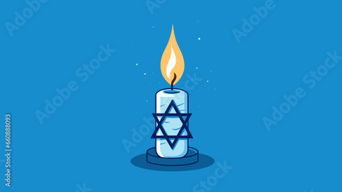 Vector illustration, stockphoto, White candle with the david star, symbol of Israel on a blue background with israeli flag. Copy space available. Hope an pray for Israel and the israeli people. Stop w