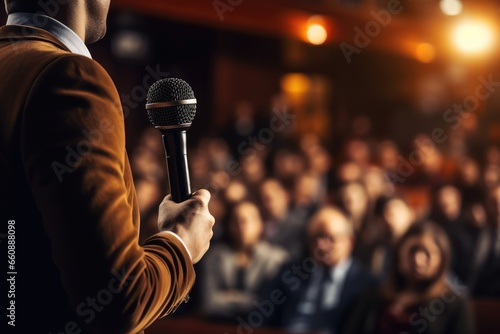 A speaker with a microphone in front of the audience. Live performance. Seminar or conference. General meeting.