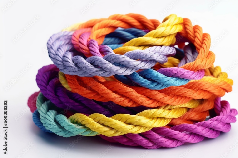 Colorful entwined ropes on white background. Generative AI