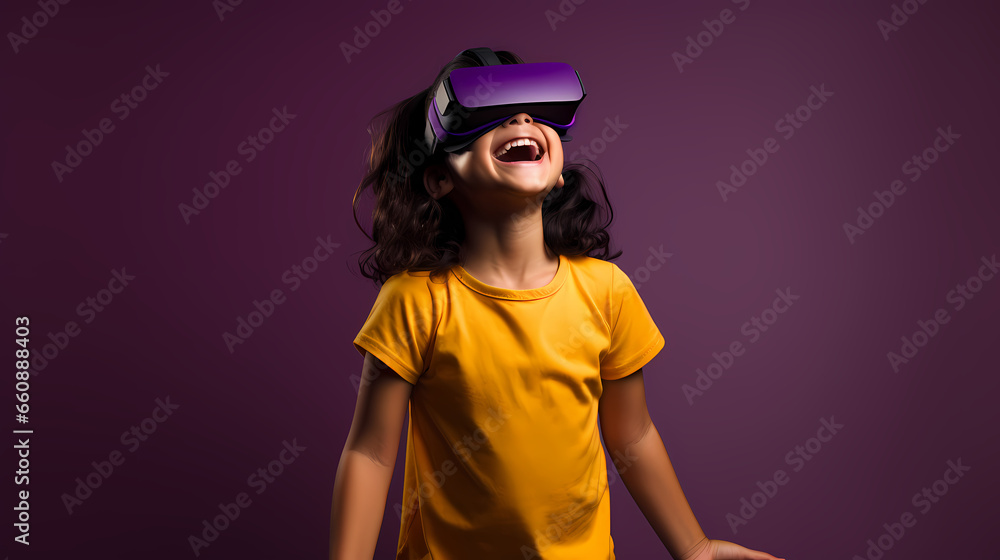 little girl with vr glasses purple background little girl with vr glasses purple background