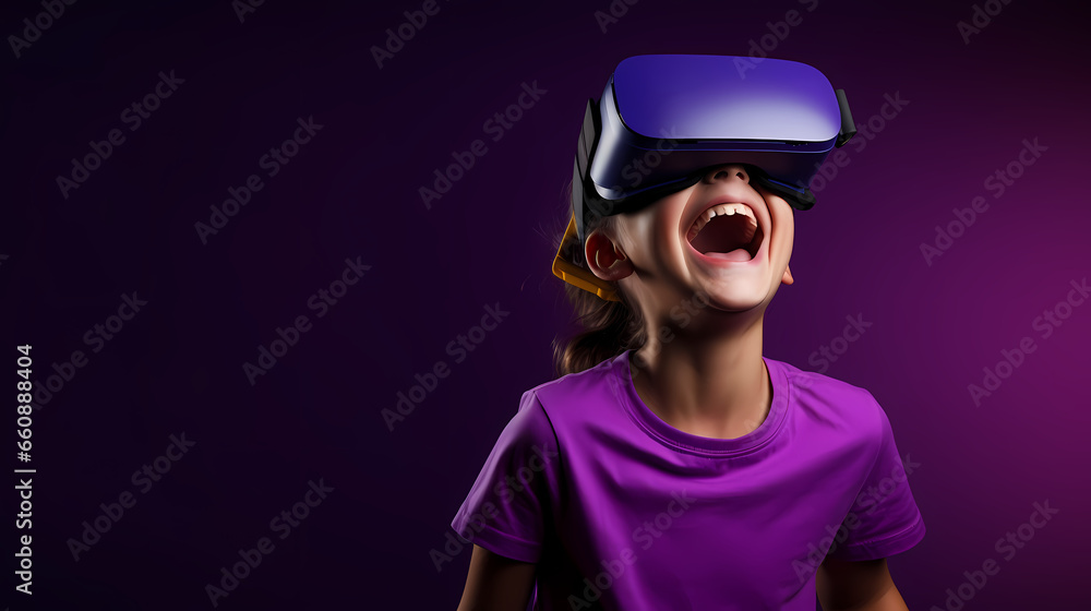 little girl with vr glasses purple background little girl with vr glasses purple background