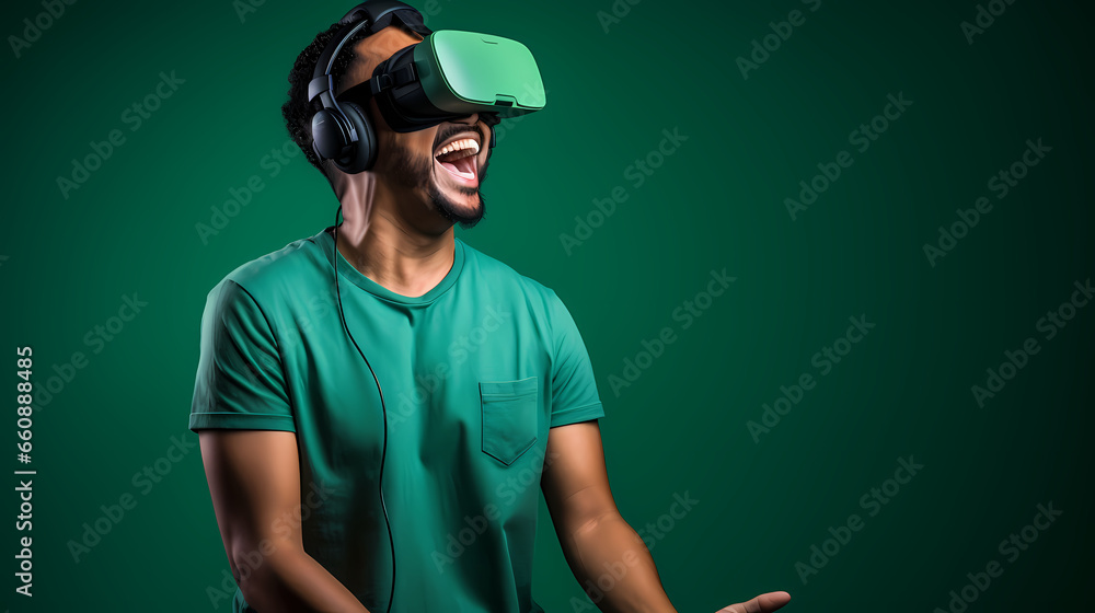 man with vr glasses green background man with vr glasses green background