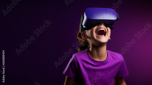 little girl with vr glasses purple background © Elena