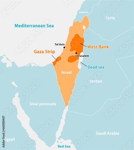 Israel, Palestine, Gaza Strip and surrounding countries map illustration