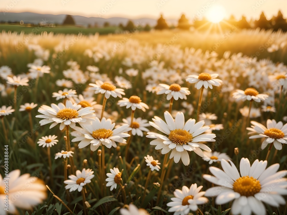 daisies in a field sun rise