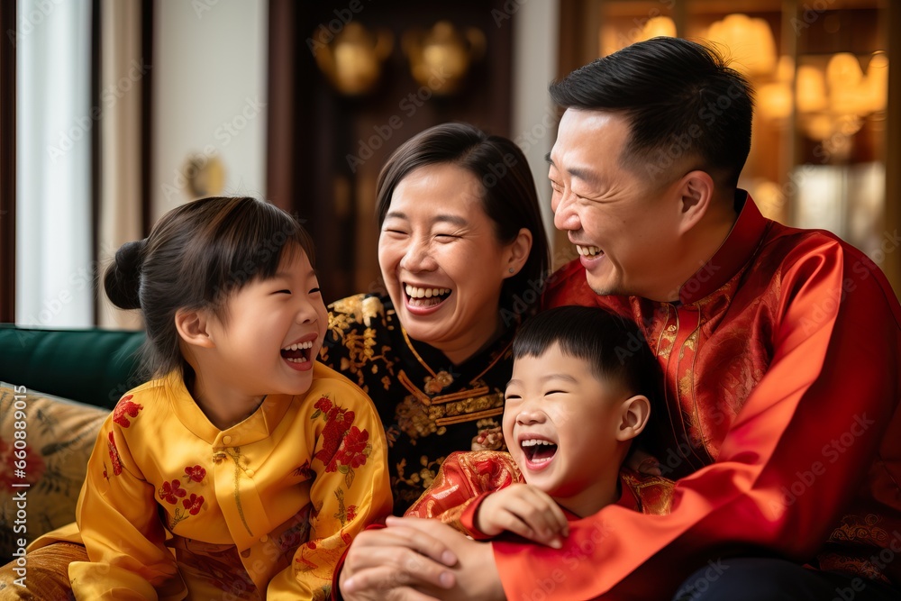 Close-Up of Joyful Asian Family Interacting on Couch Close-Up of Joyful Asian Family Interacting on Couch