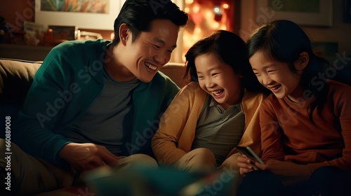 Close-Up of Joyful Asian Family Interacting on Couch