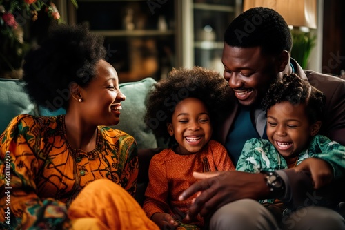 Joyful Black Family Bonding on Living Room Couch