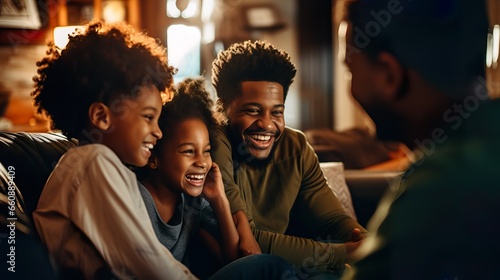 Joyful Black Family Bonding on Living Room Couch