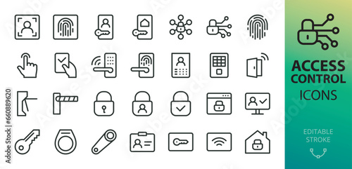 Access control isolated icons set. Set of face id, biometric identification system, smart electronic lock, keypad door, turnstile, barrier, magnetic key, mobile app authentication vector icon