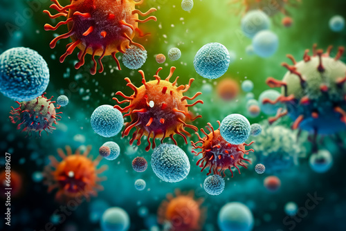 Hyper - realistic various kinds of viruses, bacteria that cause disease with a blurry background. © leo_nik