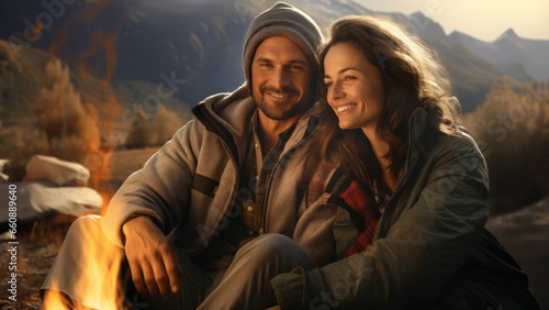 Couple sitting at campfire in evening during autumn mountain trip. Couple having fun sitting at bonfire admiring mountain landscape. Weekend trip