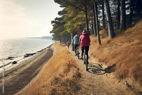 People riding bicycles at the seaside. Cycling by the sea. Active people. Cardio training. Physical fitness. Cardio workout. Healthy lifestyle. Daily routine