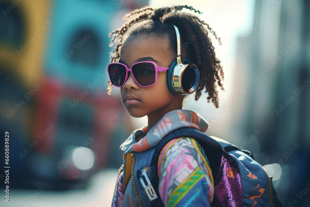 Afro punk girl. Street shot of colorful clothes young girl. Generate Ai
