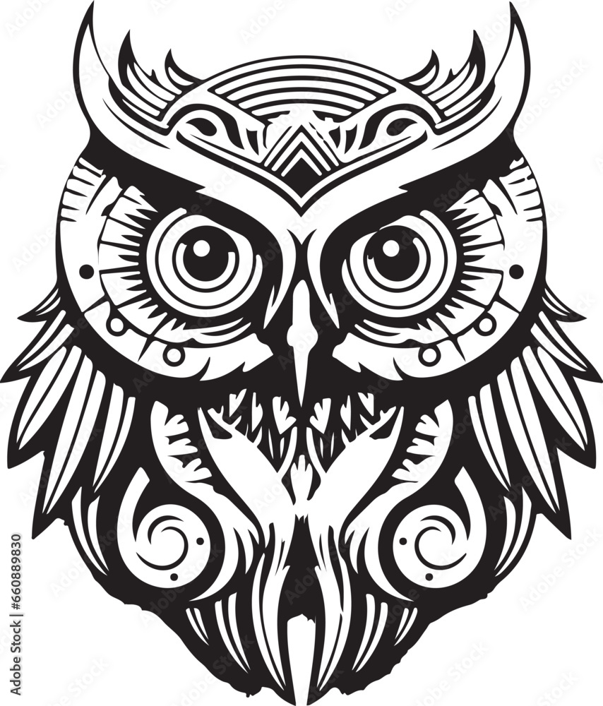 Vector ornamental ancient owl illustration. Abstract historical mythology bird head logo. Good for print or tattoo