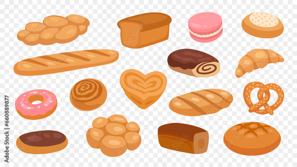 Bakery set: whole grain and dark rye bread, wheat bun, donut, croissant, cottage cheese cake, french baguette, loaf, pretzel, chocolate roll, macaroon cookies, cinnamon bun on transparent background