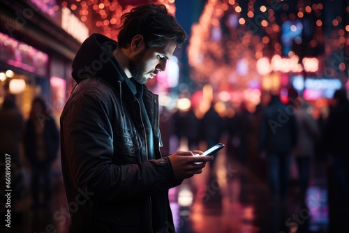 A young man looks at his smartphone on a night street illuminated by neon lights. Guy doing online shopping on Cyber Monday