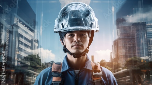 Double Exposure combines the city with the nuances of a civil engineer's portrait wearing a hard plastic helmet, evoking the inner workings of the human spirit.
