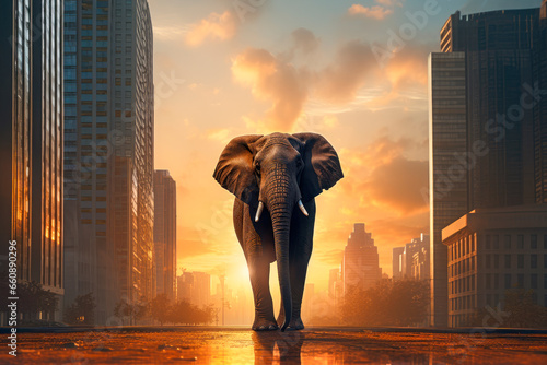 Fototapeta Naklejka Na Ścianę i Meble -  A lonely elephant walking in the city on a sunset