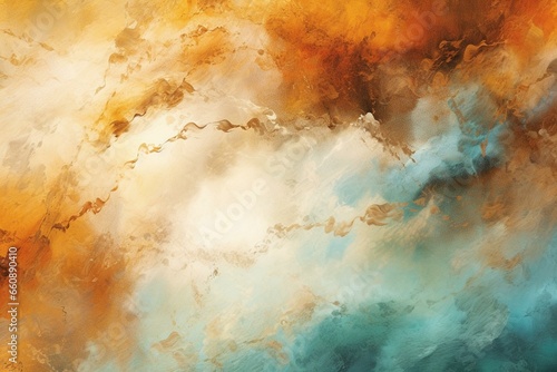 Abstract colorful background with brown tones resembling a watercolor painting using spatula technique, featuring water, aqua, clouds, coffee, rust, bronze, sepia, and sand. Generative AI