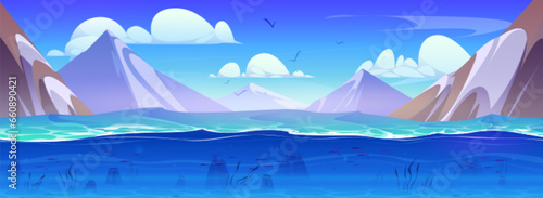 Mountain lake with underwater view. Vector cartoon illustration of blue water, bottom with weeds, stones and fish swimming, waves on surface, rocky landscape, birds flying in sunny sky, snowy peaks
