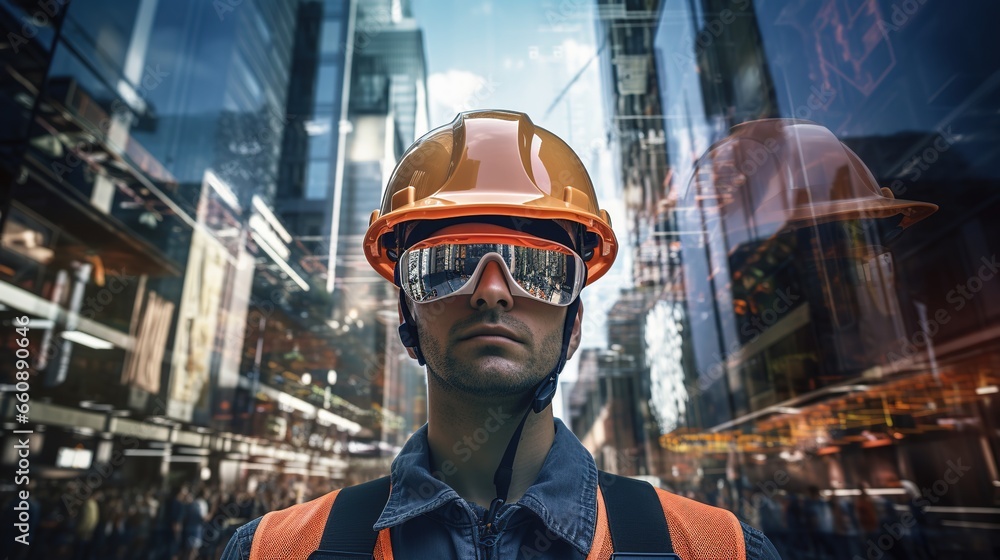 Double Exposure combines the city with the nuances of a civil engineer's portrait wearing a hard plastic helmet, evoking the inner workings of the human spirit. Double Exposure combines the city with the nuances of a civil engineer's portrait wearing a hard plastic helmet, evoking the inner workings of the human spirit.