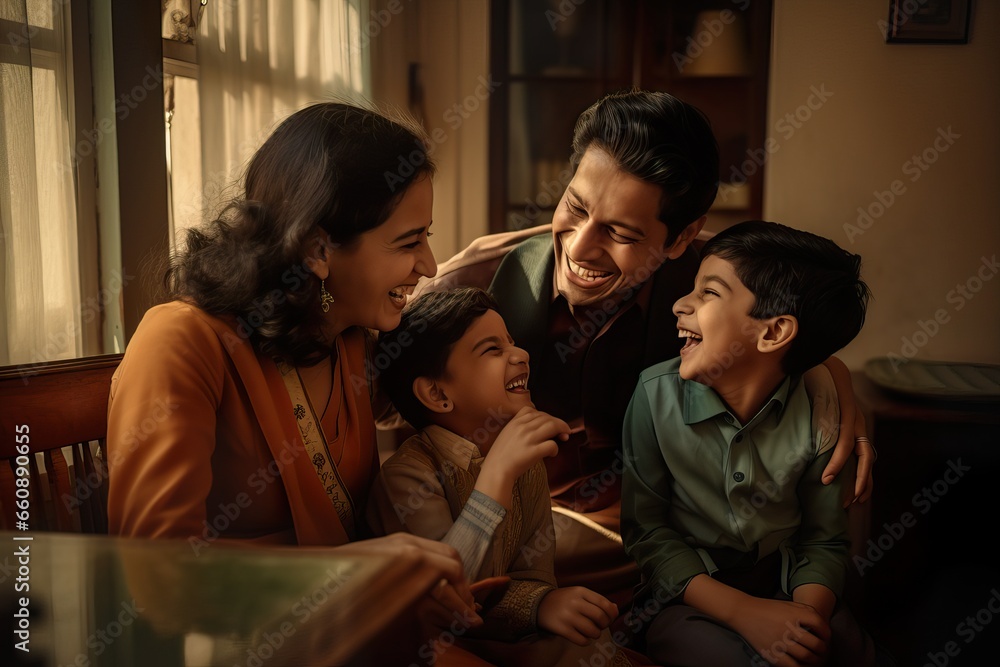 Joyful Indian Family Interaction on Living Room Couch Joyful Indian Family Interaction on Living Room Couch